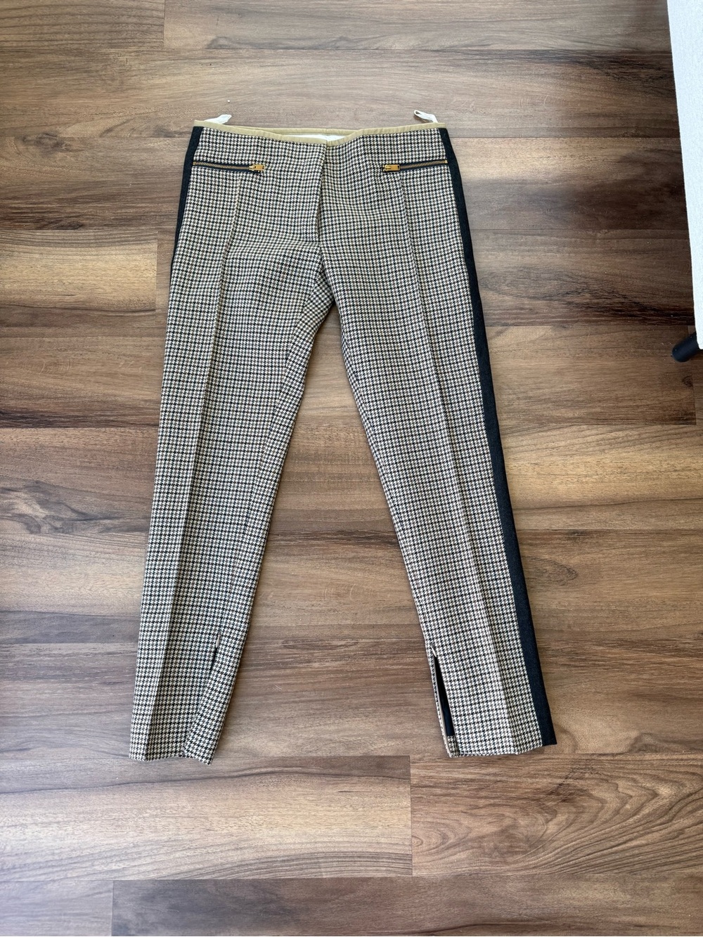 Celine Black and Tan Houndstooth Trim Trousers